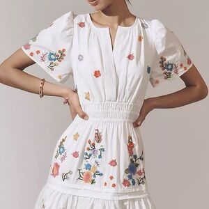 Anthropologie White Somerset Dress with Colorful Floral Embroidery